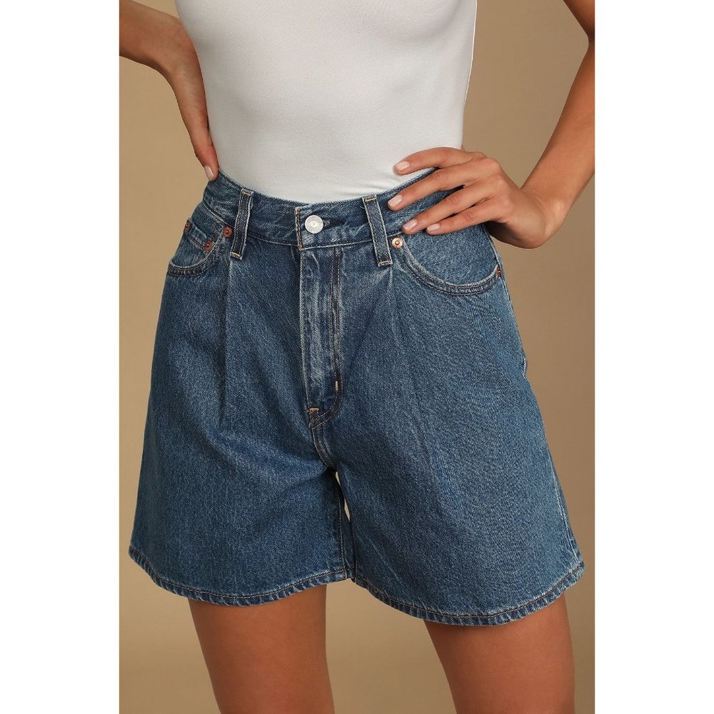 Levi's Pleated Ribcage Denim Shorts Ultra High Rise Waisted Preppy Now And Then - Picture 3 of 15